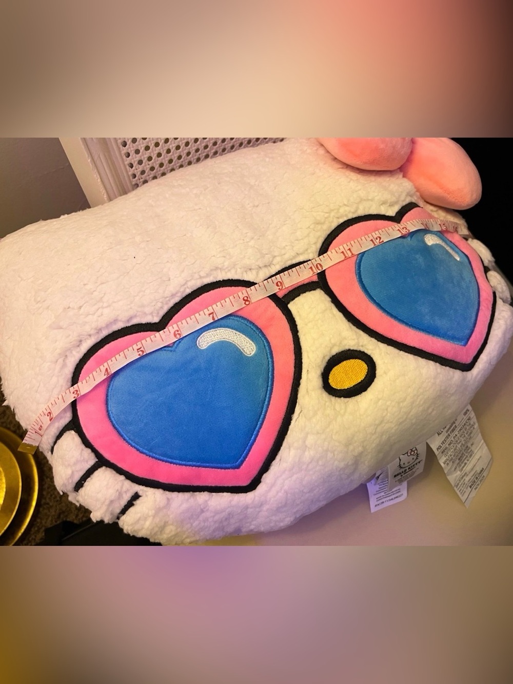 White Plush Hello Kitty-Style Pillow with Pink Bow and Blue Heart Sunglasses NWT - Picture 3 of 3